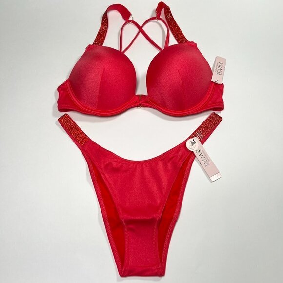 Victoria Secret 38D XL Bombshell Push Up Top Cheeky Bikini Set Shine Strap Pink - Picture 2 of 13